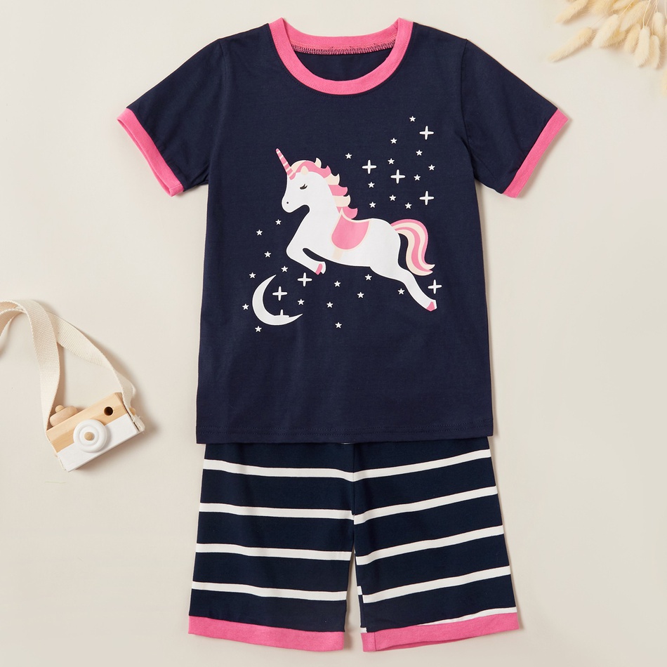 Trendy Unicorn Print Tee and Striped Shorts Set